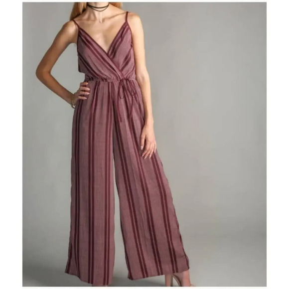 Band of Gypsies Striped Wide Leg Jumpsuit Small Burgundy Sleeveless Boho Purple - Picture 1 of 6